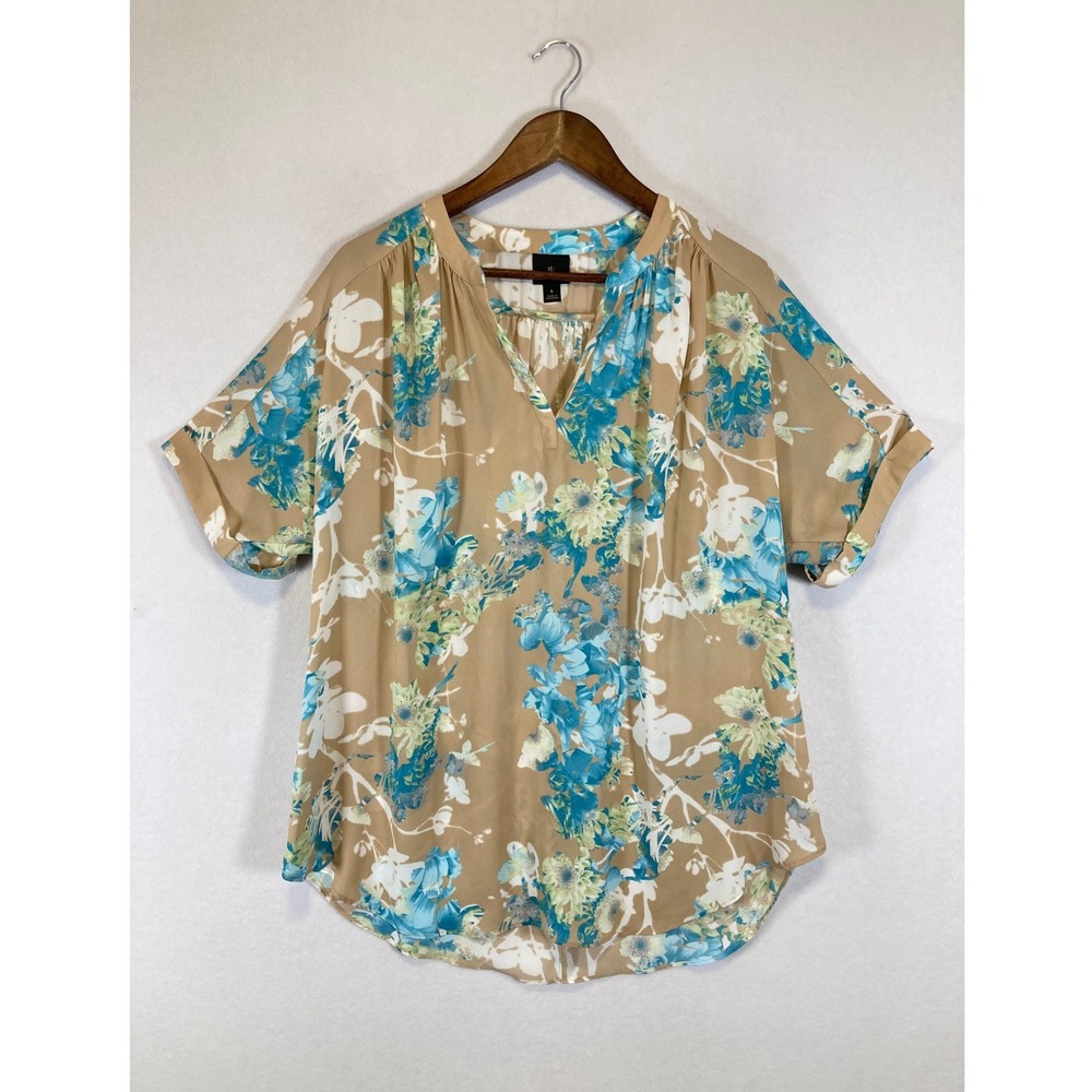 Boho Floral Worthington Womens Large Tan Blue Split Neck Short Sleeve Blouse